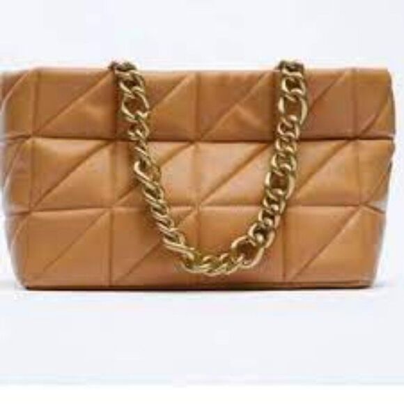Zara Camel Brown Chain Strap Quilted Tote Bag - Picture 1 of 7